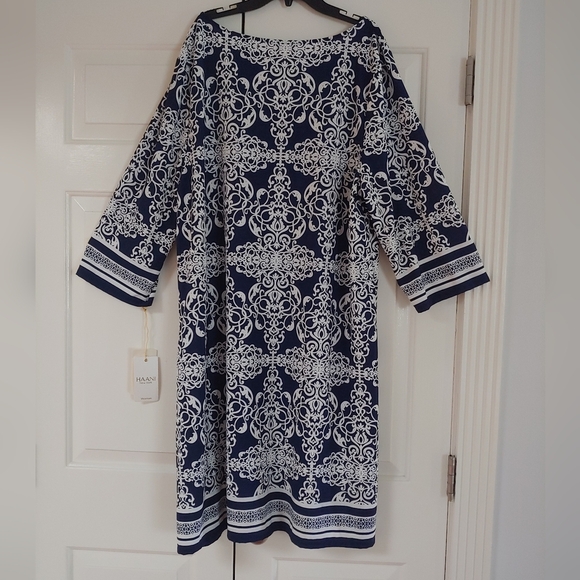 Haani Floral Print Stretchy Split V-Neck 3/4 Sleeve Dress Navy White Size 3X - Picture 5 of 12